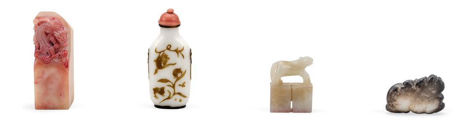 18/19世紀  各式鼻煙壺、玉瑞獸、白玉聯珠印及壽山石方章（八件一組）

壽山石「祥龍獻瑞」方章_x000D_
白料套褐「吉慶有餘」鼻煙壺_x000D_
白玉獸形鈕聯珠印 印文：堷 _x000D_
白玉帶皮入沁瑞獸珮_x000D_
瑪瑙光素鋪首鼻煙壺_x000D_
青白玉光素鼻煙壺_x000D_
白玉隨形鼻煙壺_x000D_
白玉光素鼻煙壺 _x000D_
