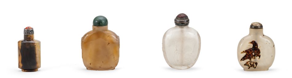 19/20世紀  各式鼻煙壺（八件一組）

瑪瑙鼻煙壺 
玉石鼻煙壺 
玉石光素鼻煙壺 
瑪瑙雕「花禽圖」鼻煙壺  
瑪瑙鼻煙壺 
瑪瑙光素鋪首鼻煙壺 
水晶「松鶴遐齡」鼻煙壺 
瑪瑙雕「英雄獨立」鼻煙壺 