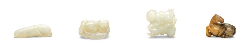 18/19世紀 白玉及火燎玉玉飾（四件一組）

白玉臥虎珮
白玉臥獾
白玉對戲童子
火燎玉臥馬珮