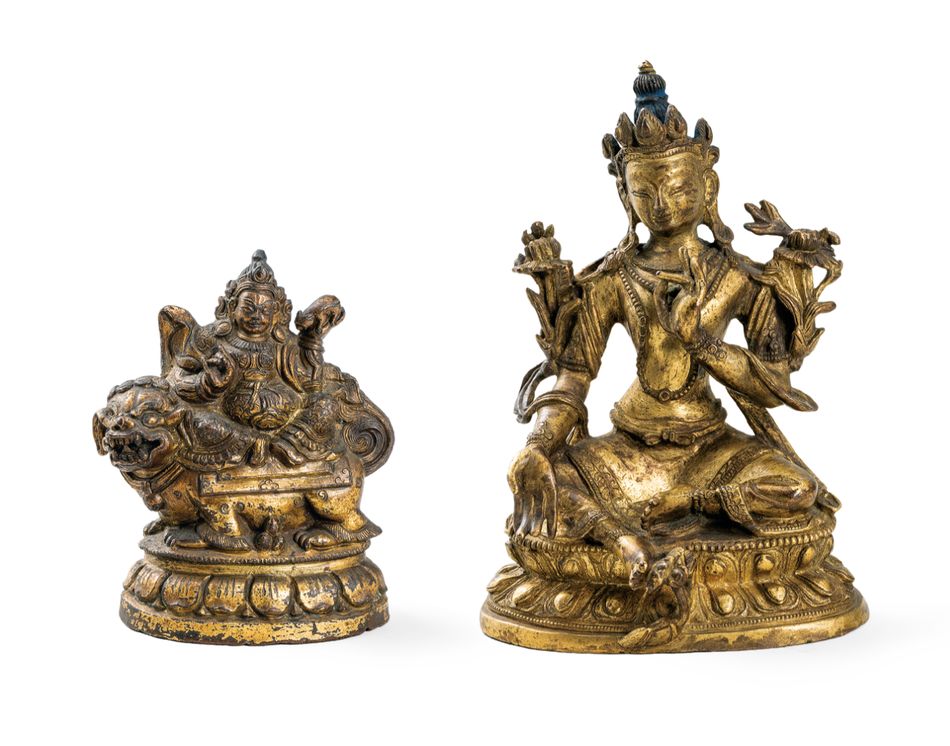 清 銅鎏金財寶天王騎獅像及清晚期 銅鎏金綠度母坐像（兩尊一組）