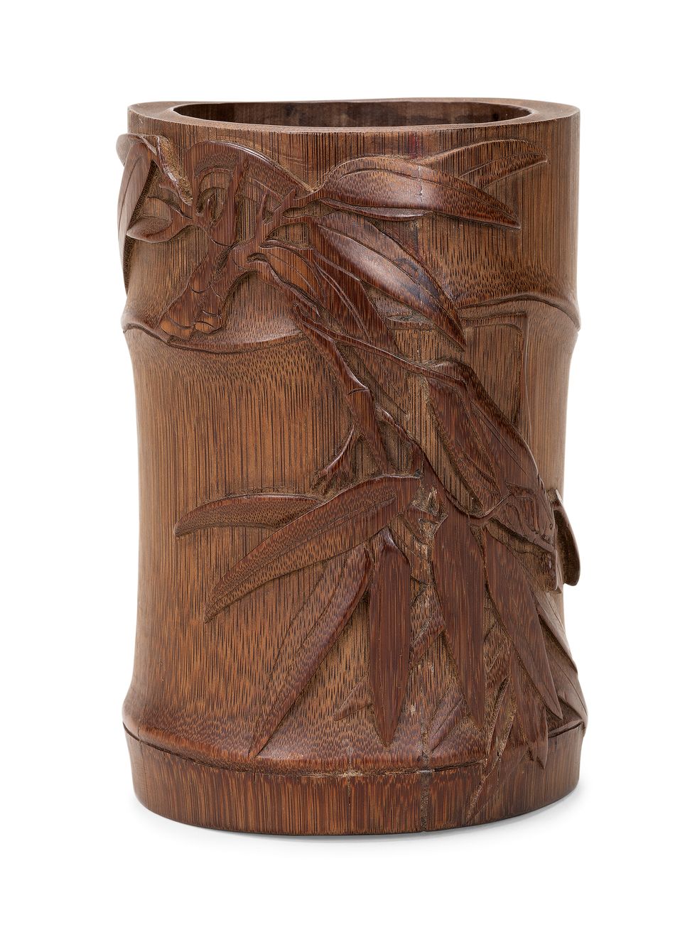 清 竹雕竹葉筆筒