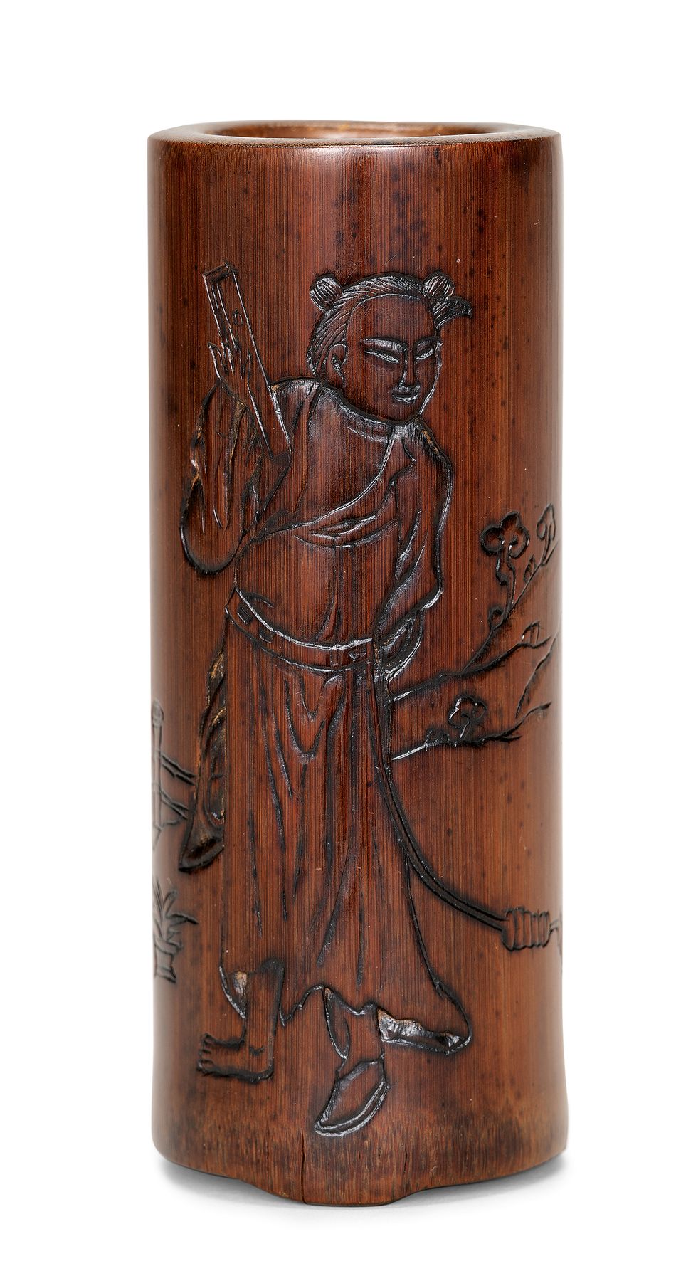 18世紀 竹雕藍采和詩文筆筒《芝山》款