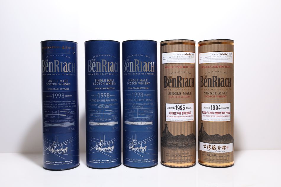 BenRiach 1994 20 Years Old Peated/BenRiach 1995 18 Years Old/BenRiach 1998 17 Years Old/BenRiach 1998 17 Years Old/BenRiach 1998 18 Years Old Triple Distilled
